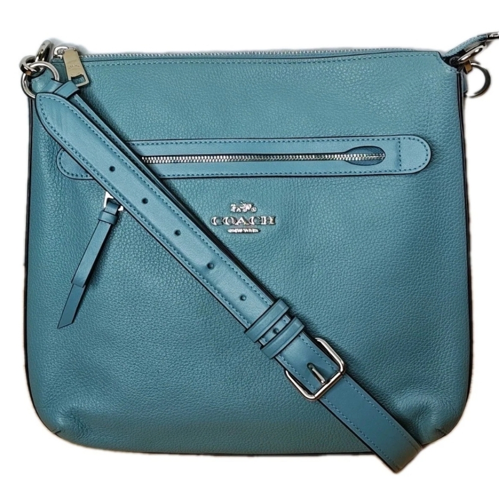 Coach Mae File Pebble Leather Purse Crossbody Denim Pacific Cloud Blue Spring